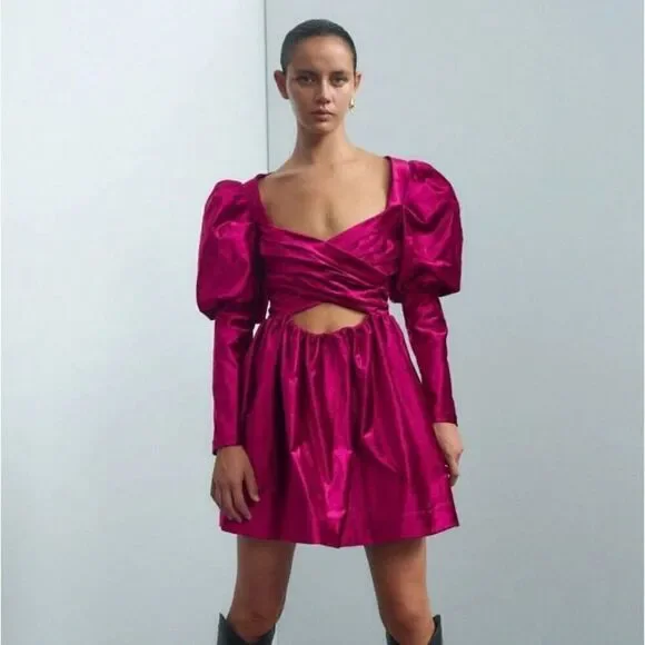 Alemais Rosario Mini Fuchsia Velvet Puff Sleeve Dress Women’s US Size 2 - Picture 4 of 15